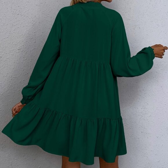 Dark Green Women's Tie Neck Lantern long Sleeve Smock Dress - Picture 2 of 6